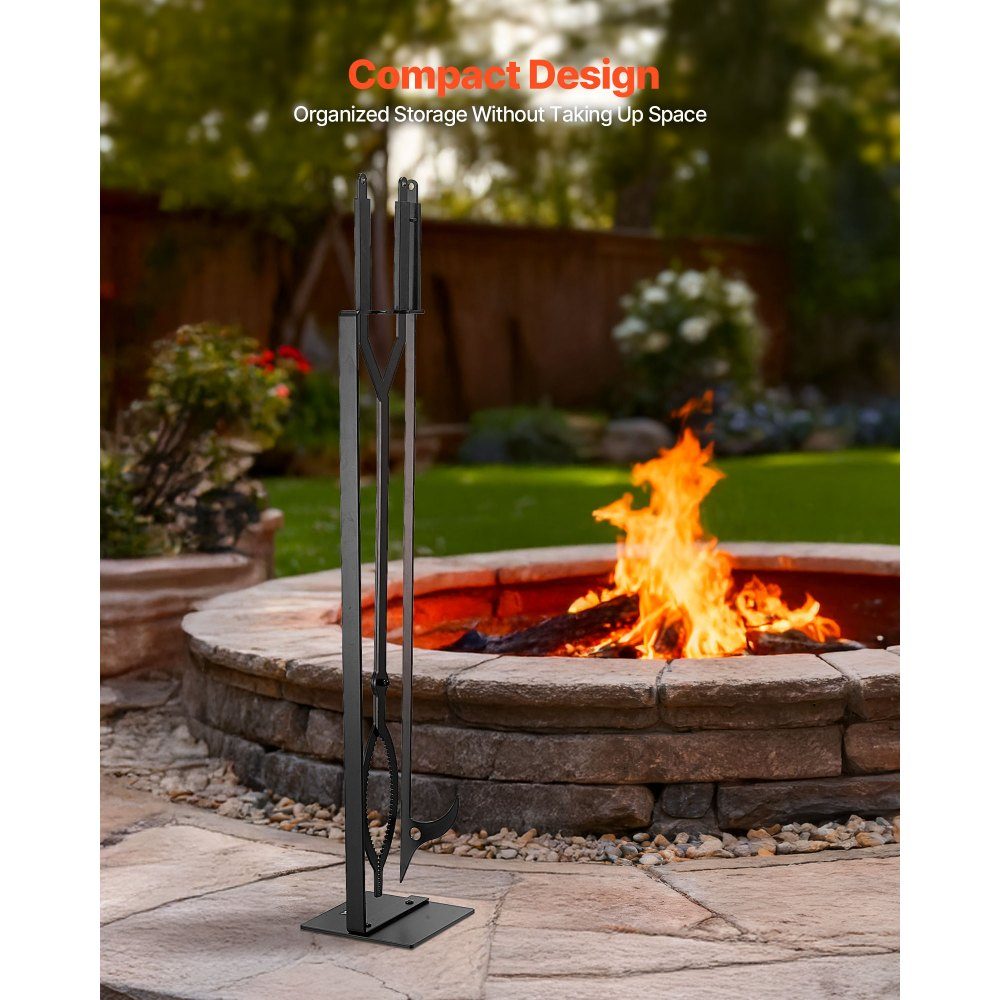 Kaminbesteck-Set, 3-teiliges Ofenbesteck-Set inklusive Ständer, Zange, Schürhaken, Kamin-Set, schmiedeeisernes Kaminzubehör für Lagerfeuer im Garten, drinnen und draußen, Schwarz
