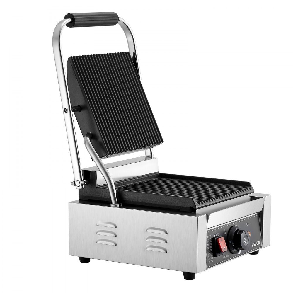 Commercial Panini Grill, Contact Grill 1800W, for Sandwiches, Steak, Bacon, Hamburgers, Sandwich Maker, Stainless Steel Press Grill with Handle & Temperature Controller & 22 x 23cm Heating Plate, Panini Press