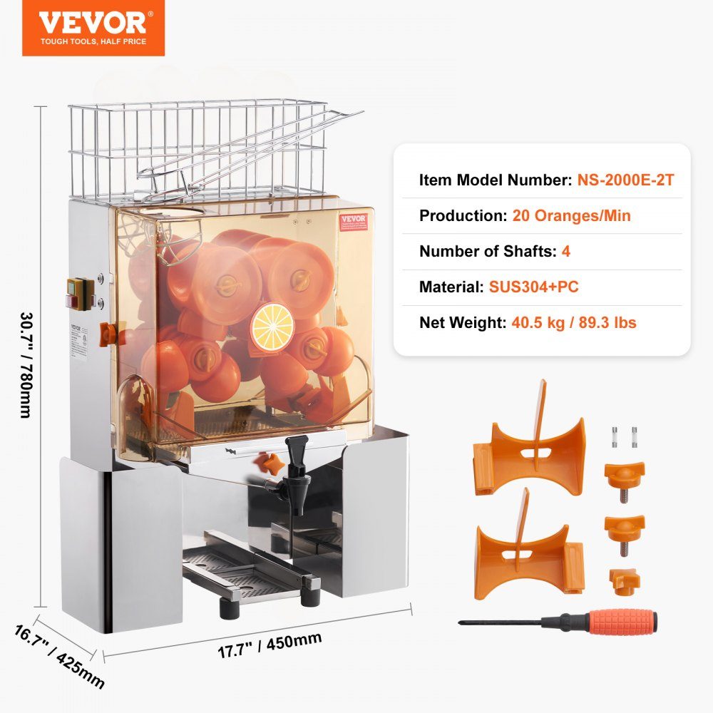Kommerzielle Orangenpresse, halbautomatische 120-W-Entsafter, Edelstahl-Orangenpresse für 20 Orangen pro Minute, mit Wasserhahn und PC-Abdeckung, kommerzielle Zitruspresse, elektrische Zitruspresse