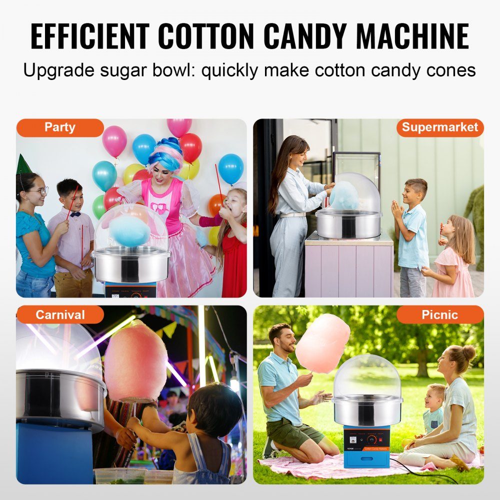 Elektrische Zuckerwattemaschine, 1 kW Zuckerwattemaschine, kommerzielle Zuckerwattemaschine mit Abdeckung, Edelstahlschüssel, Zuckerschaufel, Schublade, für Kindergeburtstage, Familienfeiern, Blau