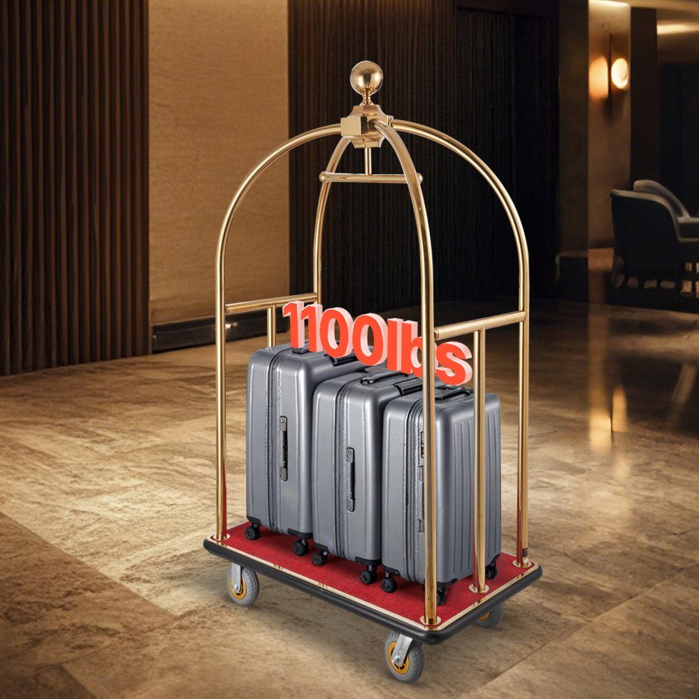 Hotel Luggage Cart 500kg Load Capacity Curved Stainless Steel Luggage Cart with Red Carpet Floor and 15cm Rubber Wheels Ideal for Hotels, Condominiums, Resorts