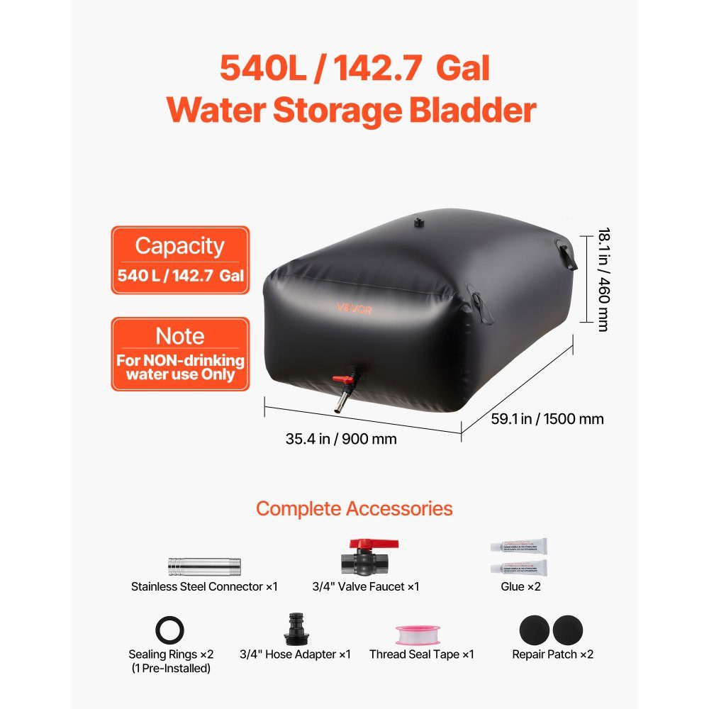 Vessie de stockage d'eau, sac d'eau souple en PVC 540 L, récipient de stockage d'eau, réservoir d'eau étanche et résistant à l'usure pour camping-car extérieur, camion et arrosage d'urgence