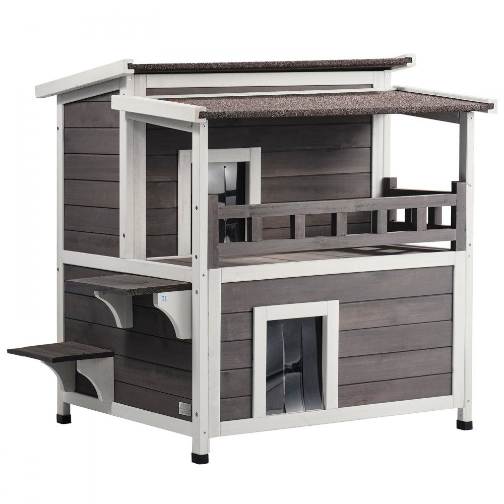 Katzenhaus für den Außenbereich, wetterfest, Unterschlupf für Wildkatzen für mehrere Katzen, großes 2-stöckiges Katzenhaus aus Holz für den Außenbereich mit Balkon, Türen, PVC-Türklappen und offenem Dach, 76,2 cm L x 76,2 cm B x 81,3 cm H