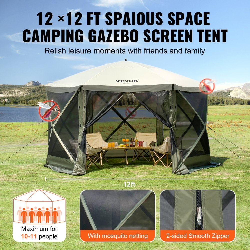 Pop Up Gazebo Tent, Pop Up Tent with 6 Side Canopy, Sun Shade with 6 Removable Privacy Wind Cloths and Mesh Windows, 12 x 12 Feet, Quick Pitch Tent with Mosquito Net, Army Green Pop Up Gazebo Tent, Pop Up Tent with 6 Side Canopy, Sun Shade with 6 Removable Privacy Wind Cloths and Mesh Windows, 12 x 12 Feet, Quick Pitch Tent with Mosquito Net, Army Green