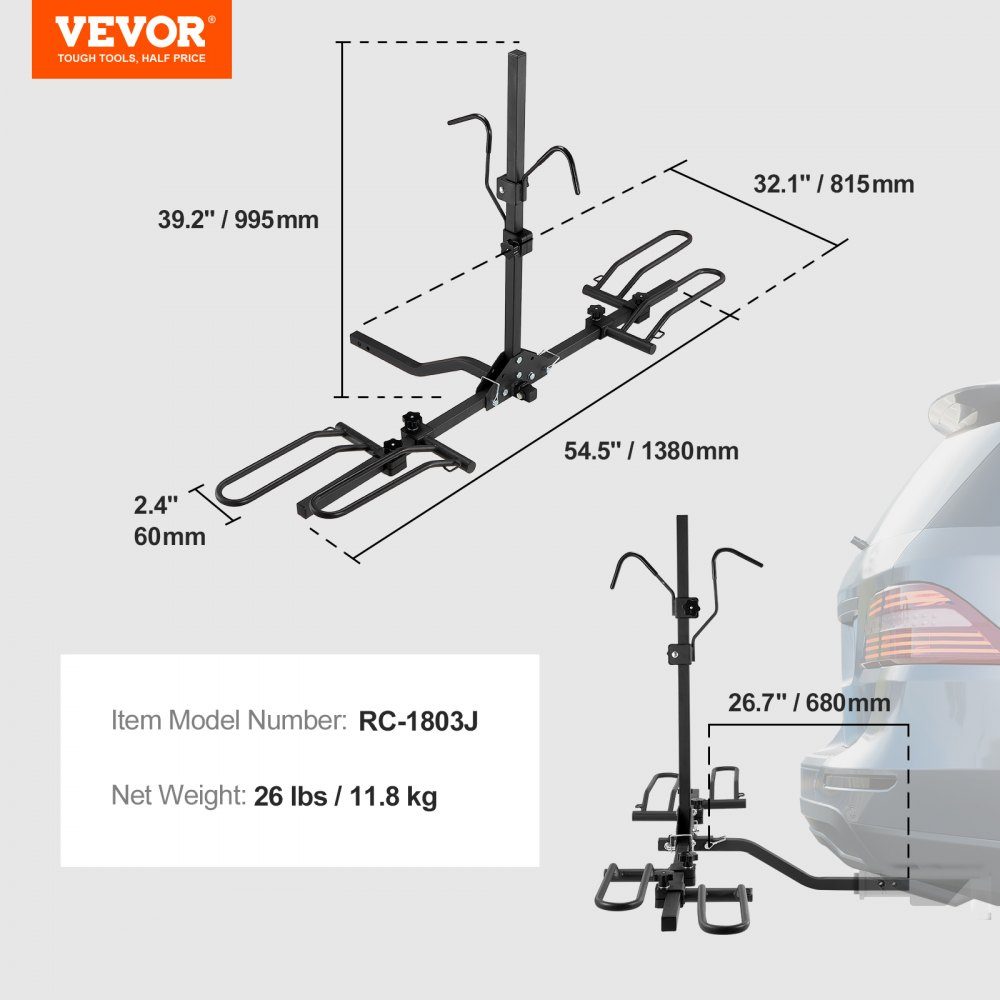 Tow Hitch Bike Rack, 2 Bike Platform Style, 36kg Load Capacity, Bike Rack Hitch for 31.75/50.8mm Receiver, Foldable Bike Rack for Car, SUV, Truck etc