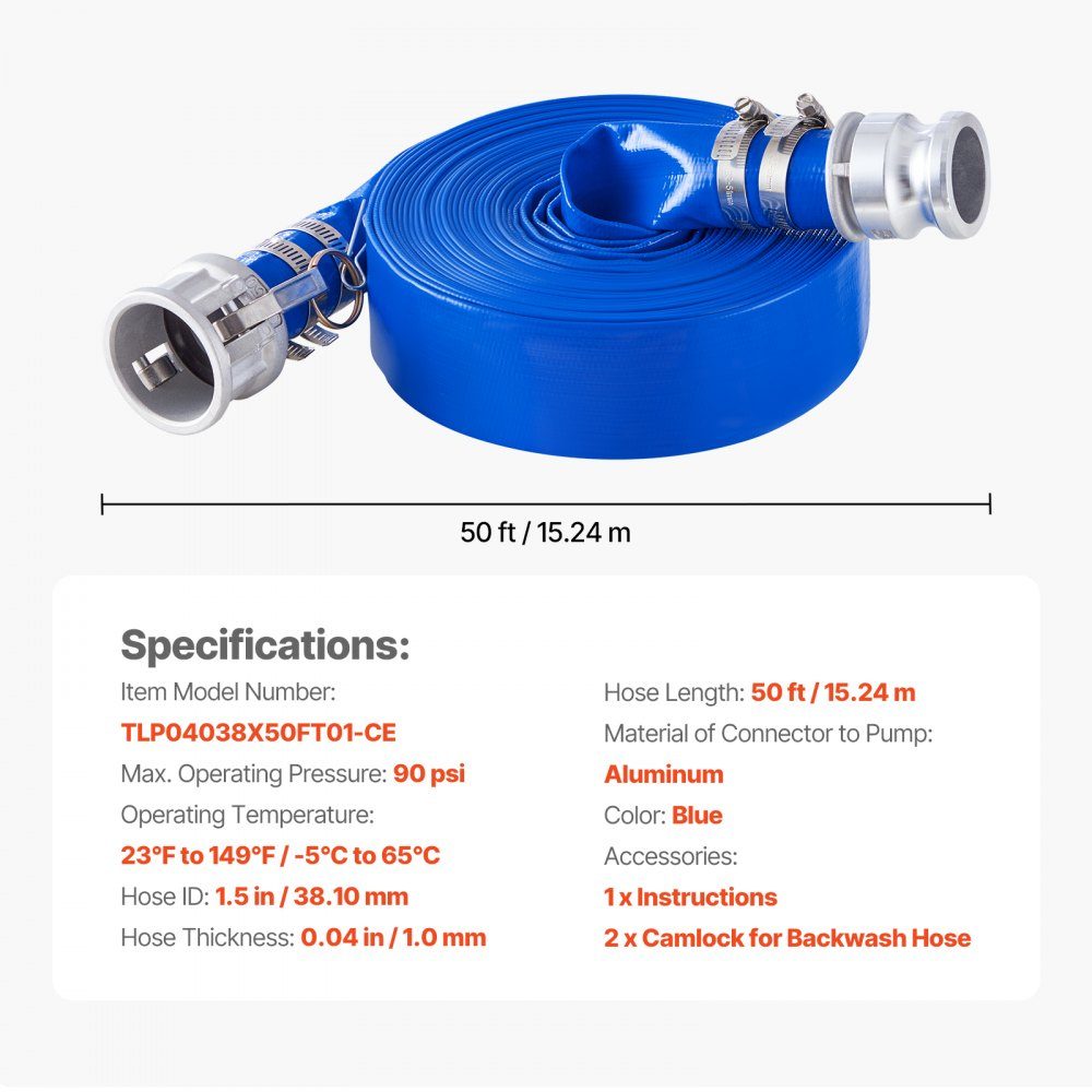 Tuyau plat 38 mm x 15 m pour eaux usées, tuyau de lavage à contre-courant avec raccords Camlock en aluminium, adapté à diverses pompes, traitement des eaux usées, transport de l'eau et autres usages