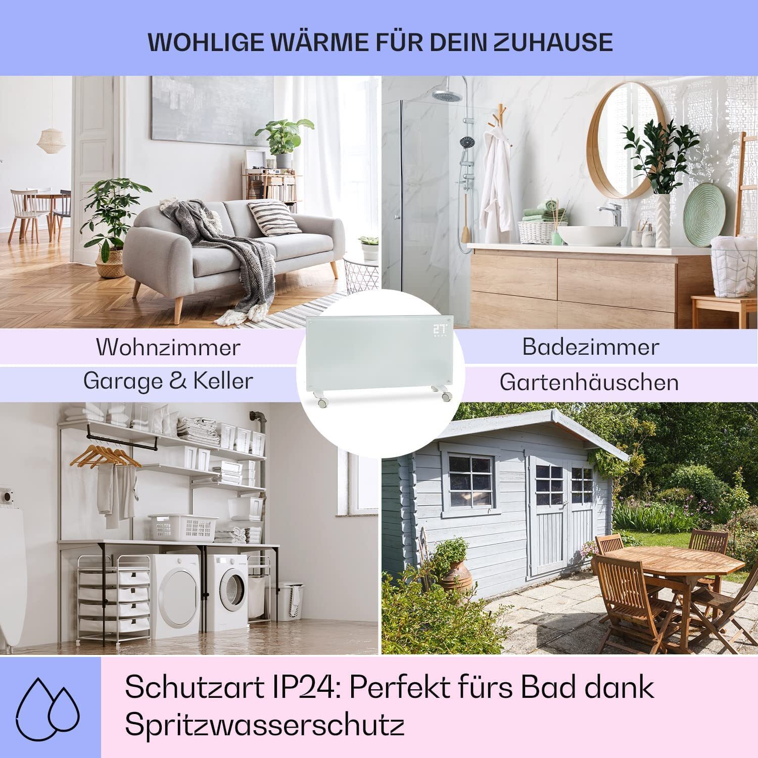 Klarstein Elektroheizung, Konvektorheizung mit Bodenrollen, mobile Elektroheizung, energiesparende, schlanke, leise Elektroheizung, freistehender Elektroheizkörper mit Thermostat, 2000 W
