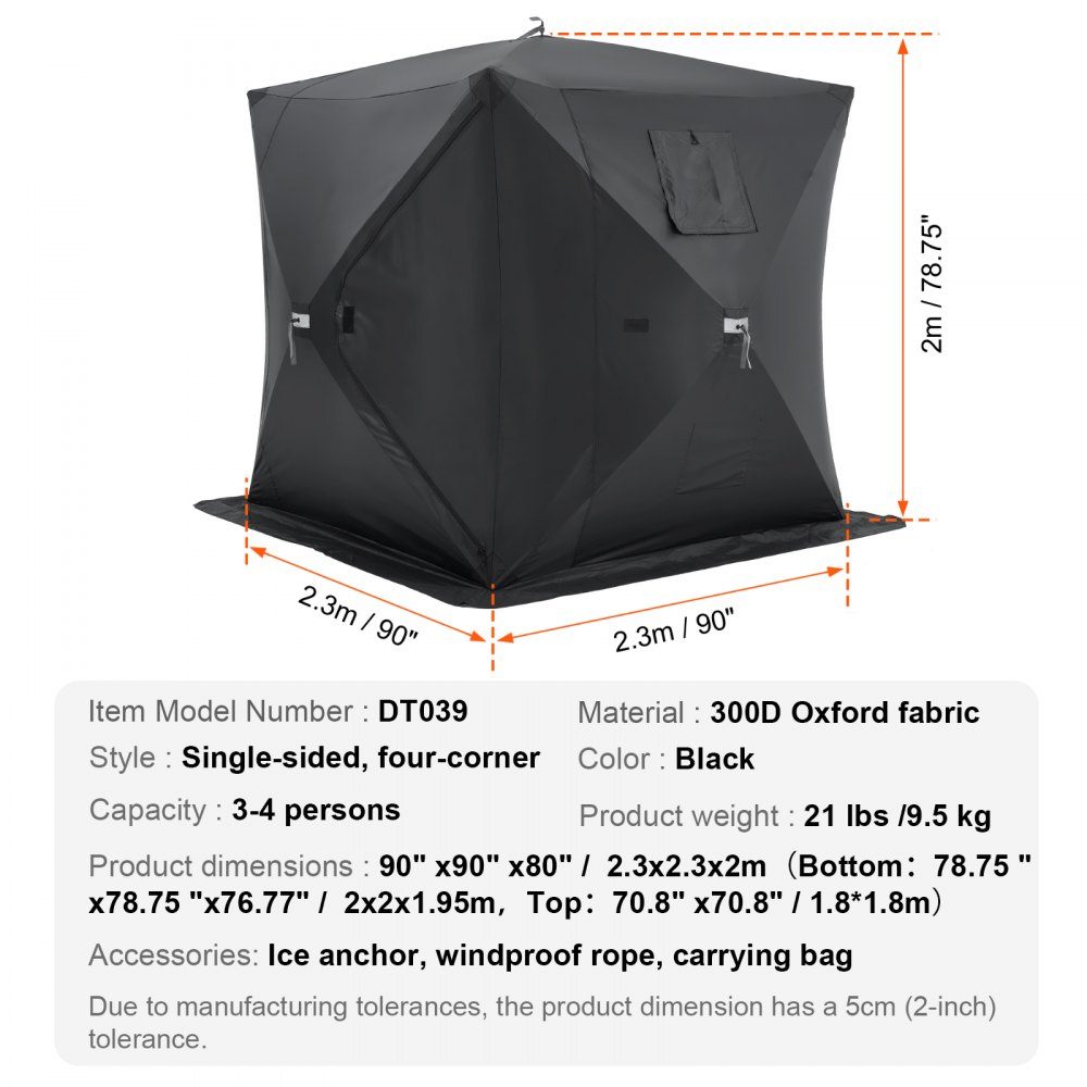 Tente de pêche sur glace portable, tente de pêche sur glace pour 3-4 personnes, tente de pêche, parapluie de pêche, cabane de glace thermique pour la pêche d'hiver, tente avec ancres, cordes, sac de transport, 2,3 x 2,3 x 2 m, noir