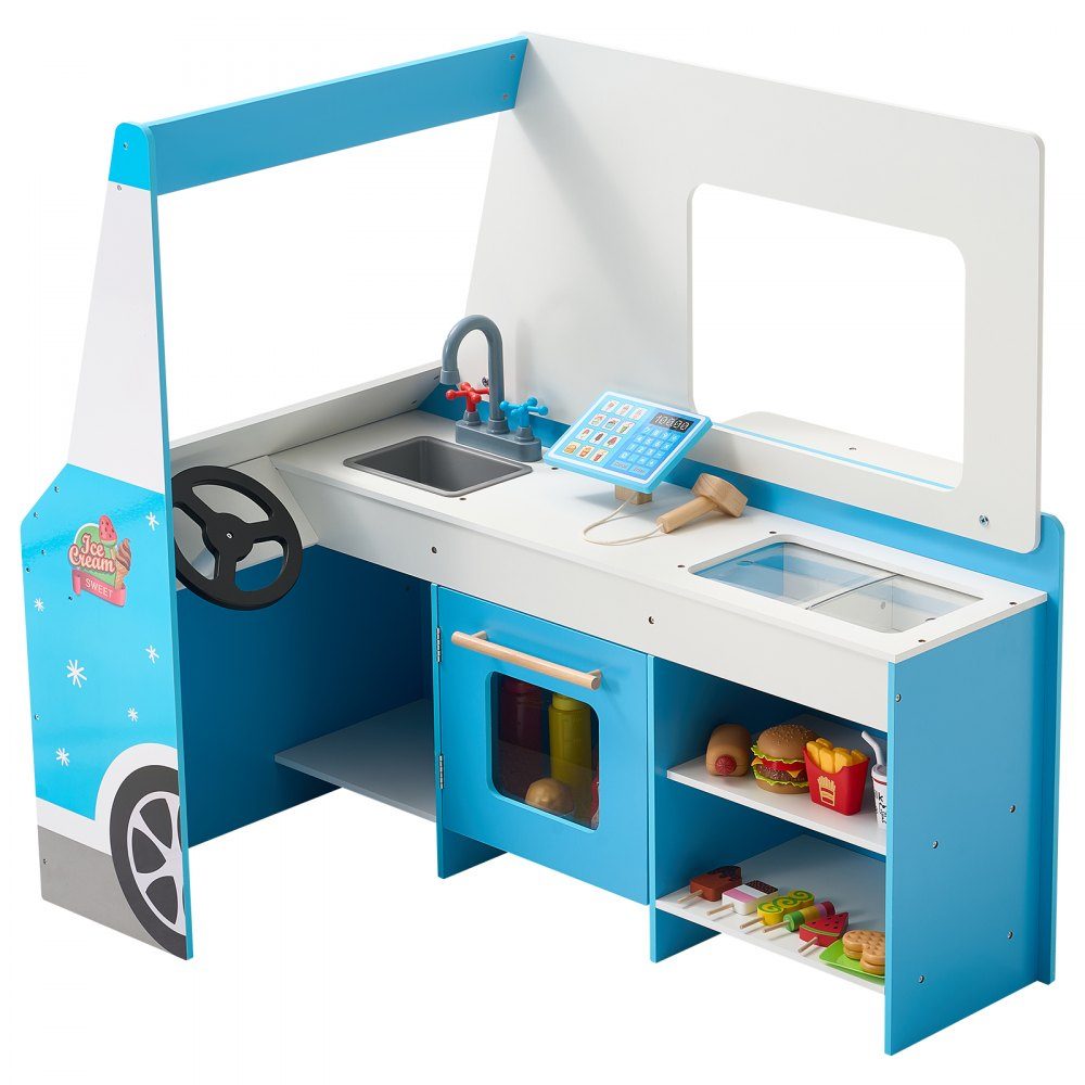 Chariot à glaces pour enfants, plus de 20 accessoires, glacier en bois avec volant et planche, scanner de paiement et congélateur, robinet et évier, adapté aux enfants de 3 à 7 ans, bleu