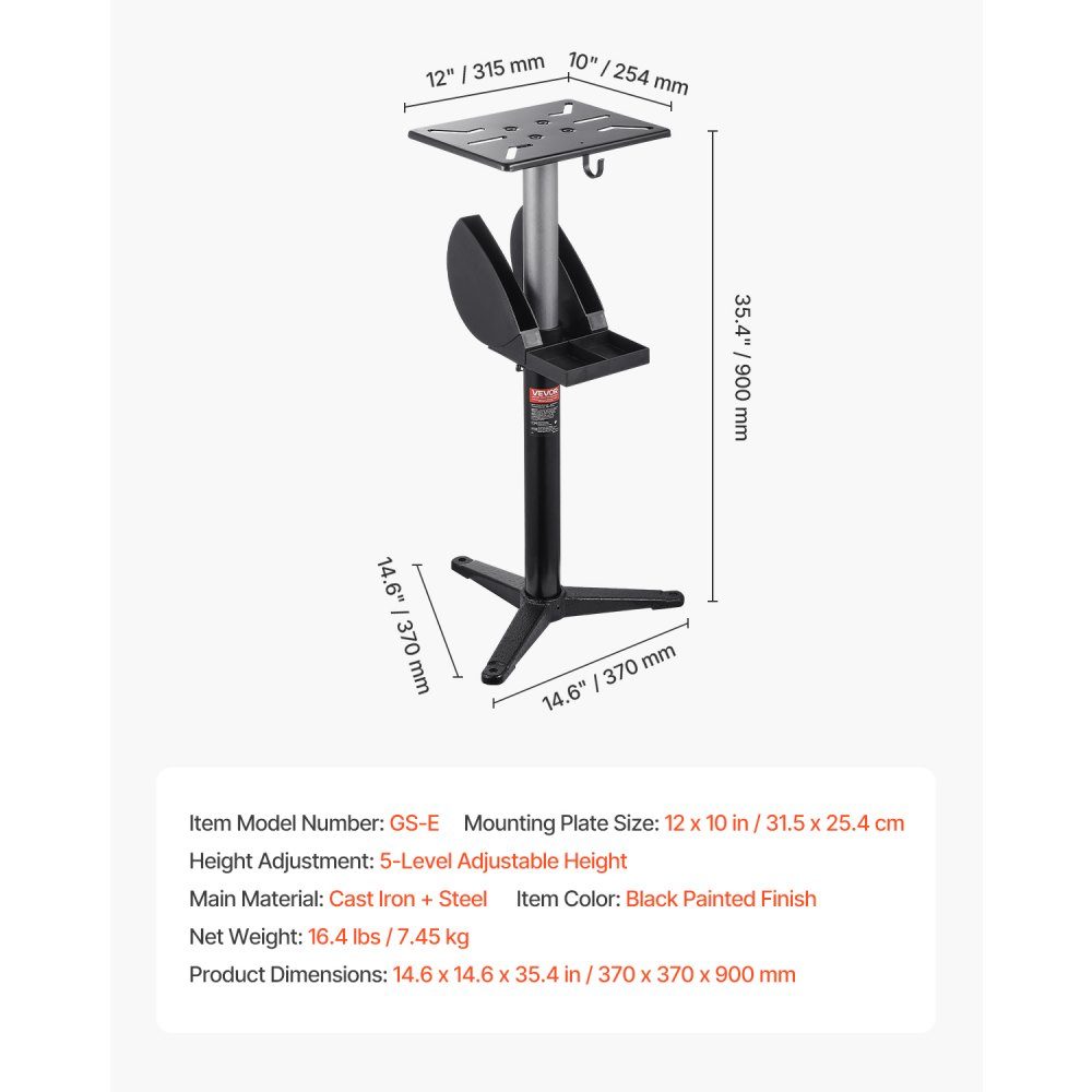 Sanding Stand, Bench Grinder Base for Bench Grinders with 315 x 254mm Mounting Plate, Height Adjustable Base Stand with Grinding Wheel Storage Compartment and Cast Iron Base