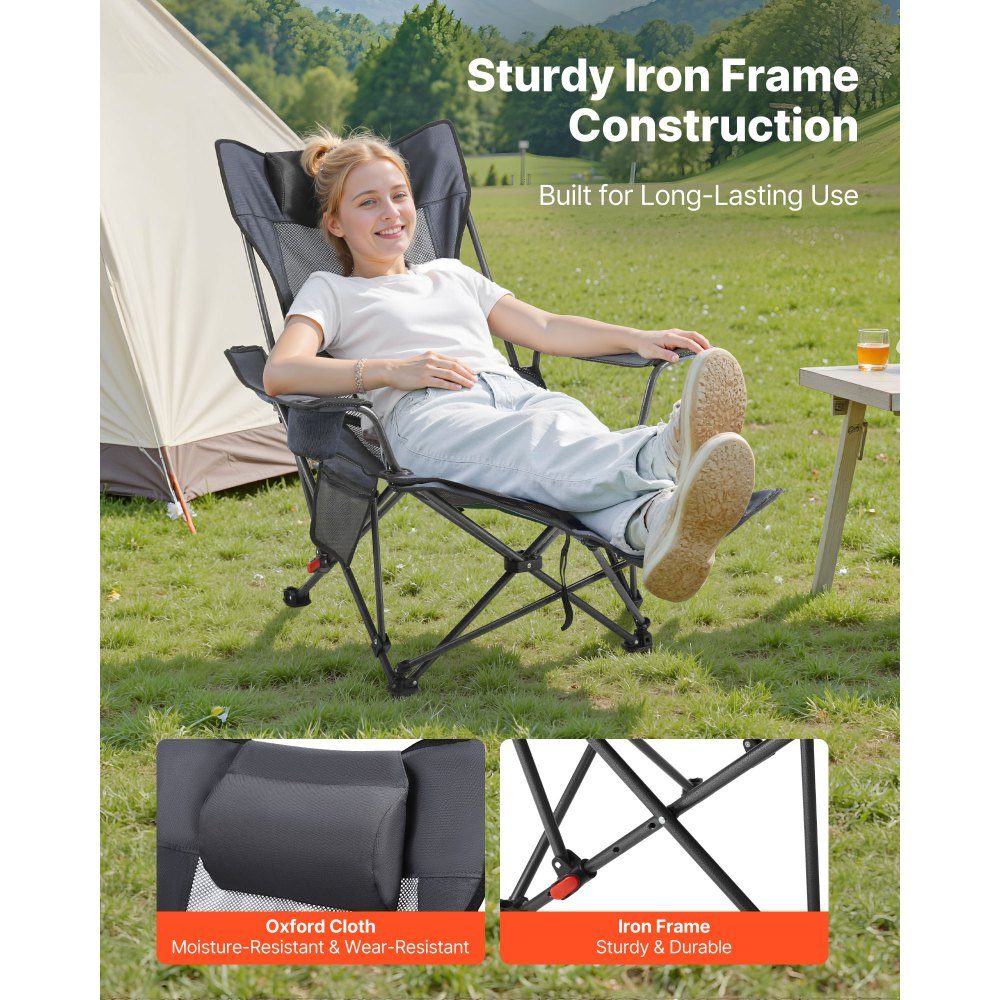 Folding Camping Chair, Deck Chair with 4 Adjustable Positions, Relaxation Chair Lounger with Cup Holder, Mesh Beach Chair with Headrest & Footrest, Load Capacity 100kg, for Outdoor Camping, Gray