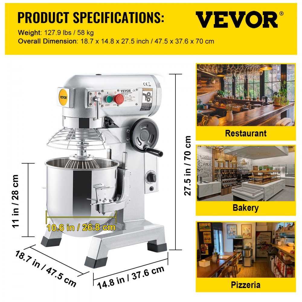 Kneading machine food processor, 14L bowl capacity kneading machine, 3-speed whisk, dough hook, wire rope, stainless steel bowl dough machine 500W, silver food processor timer function