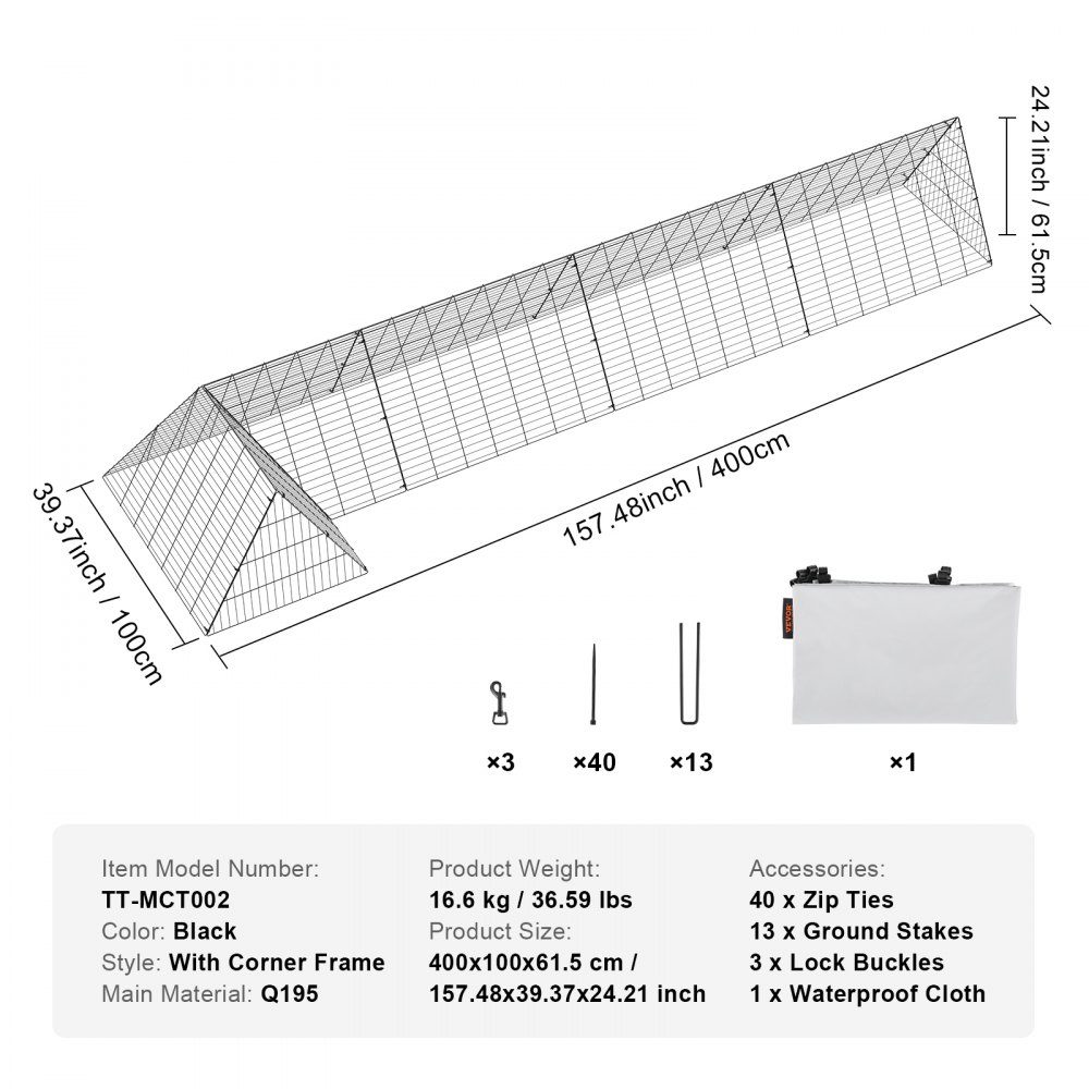 Chicken Tunnel 400 x 100 x 61.5cm (L x W x H) Yard Chicken Cage Portable Outdoor Chicken Tunnel with Corner Frame Chicken Coop Enclosure Suitable for Chickens Ducks Rabbits