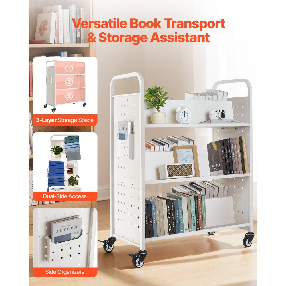 Book Trolley 150kg Load Capacity Library Trolley 97 x 51.5 x 122.5cm Double Sided W Shaped Bookshelf with Double Brake Wheels Bookshelf Trolley for Living Room Office School White