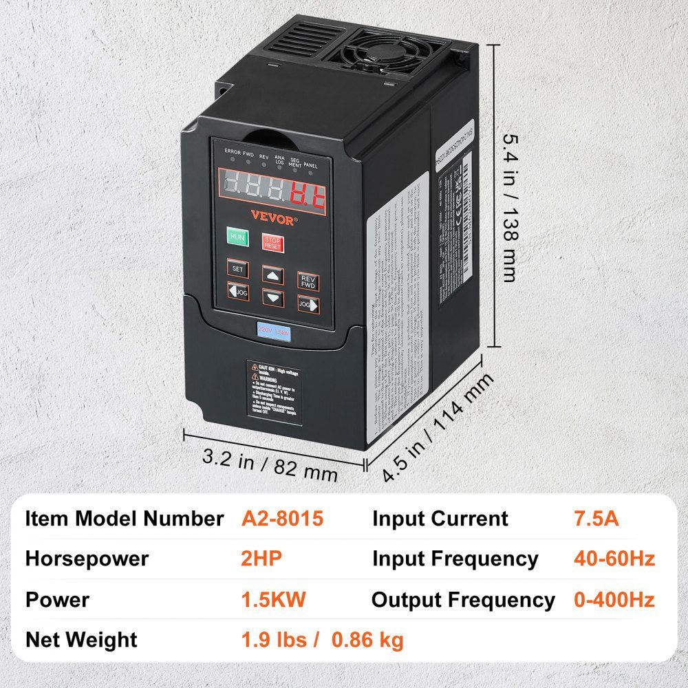 Variateur de fréquence VFD 2HP 1,5KW 7,5A Entrée 1 ou 3 phases 220V vers sortie 3 phases 220V Entrée 40-60Hz Sortie 0-400Hz VFD pour moteur de broche Contrôle de vitesse CNC