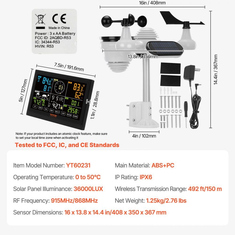 7 in 1 Weather Station, Wireless Weather Station with Outdoor Sensor, 190.5mm (7.5") Color Display, RCC Atomic Clock for measuring wind direction, wind speed, air pressure, indoor/outdoor temperature and humidity, moon phase