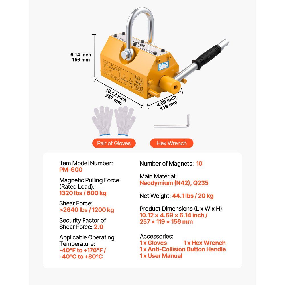 Load lifting magnet permanent magnet lifter 600 kg pulling force lifting magnet with release handle & steel hook, used in workshop cranes and hoists, for lifting steel plates, boards