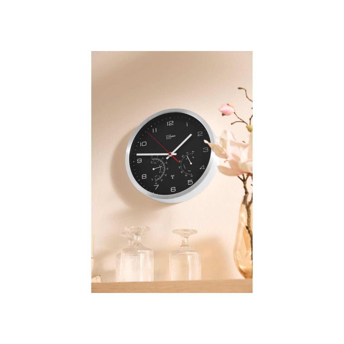 LIVARNO HOME Funk-Wanduhr aus Aluminium mit Thermometer und Hygrometer