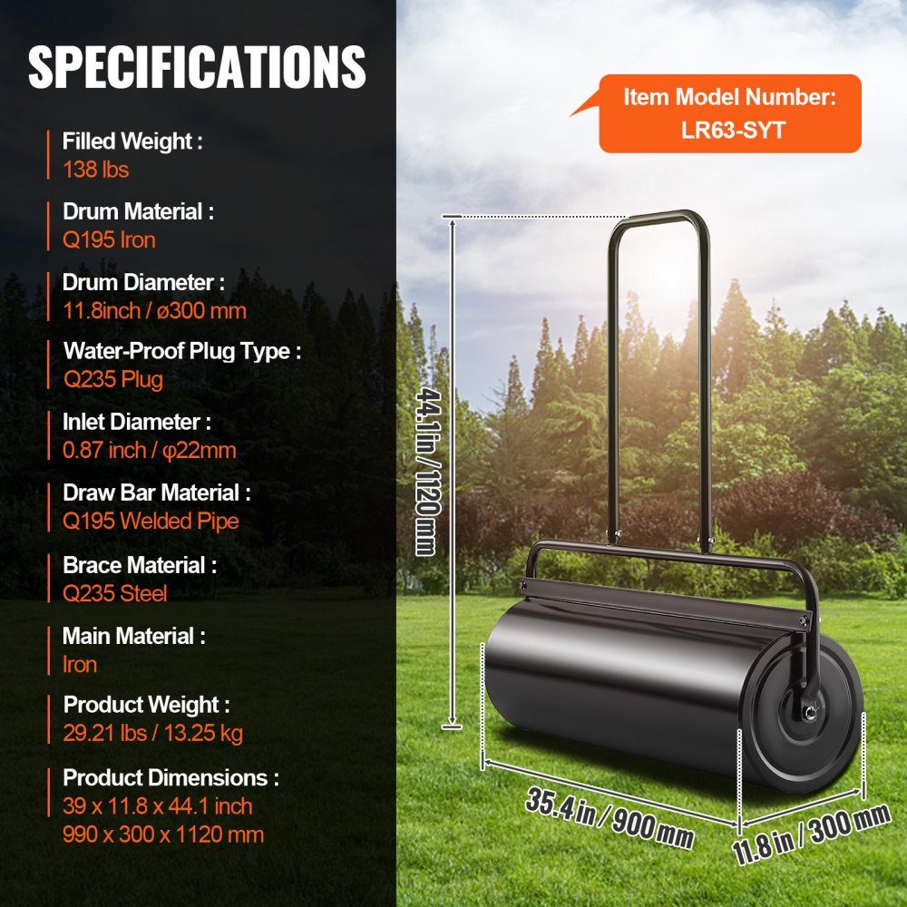 Lawn Roller 990 x 300 x 1120mm Iron Hand Roller and Q235 Garden Roller 61L Field Roller with Water Inlet Lawn Roller with U-Shaped Handle Ideal for Gardens, Farms, Large Green Areas, Parks