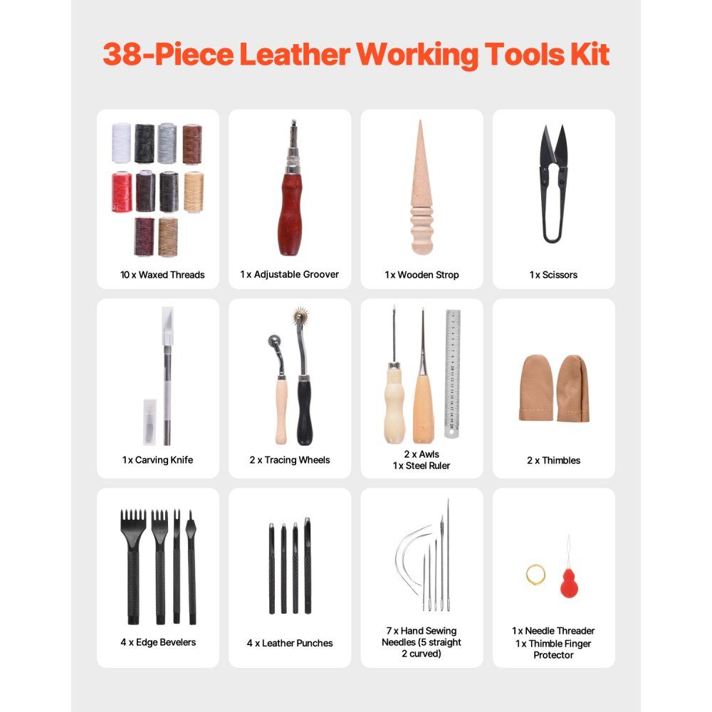 38-teiliges Leder-Handwerkswerkzeug-Set mit tragbarer Aufbewahrungstasche, Leinwand-Werkzeug, grafisches Werkzeug, Stanzwerkzeug, Nähwerkzeug, Schneidwerkzeuge, ideal für Anfänger, Heimwerker, Profis
