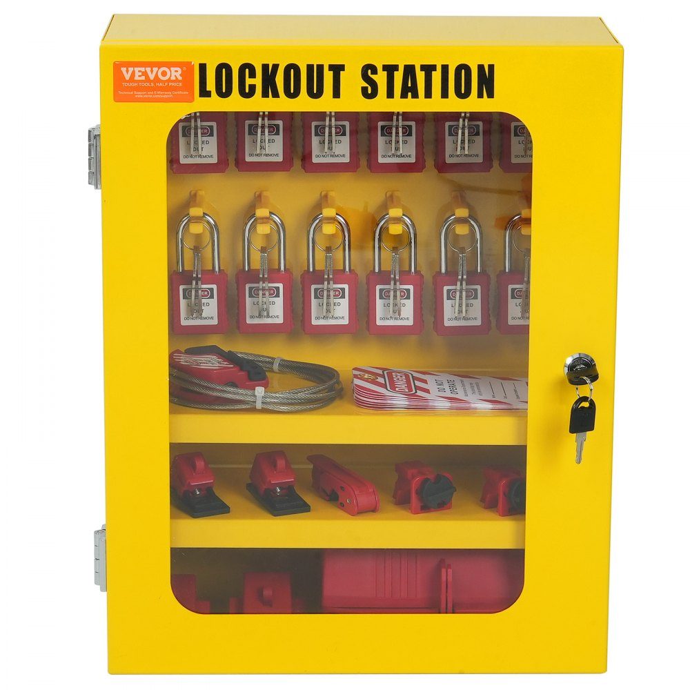 Electric Lockout Tagout Kit, 59 piece security lockout tagout set with padlocks, hasps, tags, cable ties, plug lock and circuit breaker latches