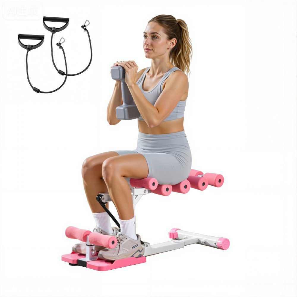 Deep Squat Machine, Adjustable Glute Trainer with 3 High Strength Resistance Bands, Folding Core and Glute Trainer, Push Up Exerciser for Home Gym, Pink + White