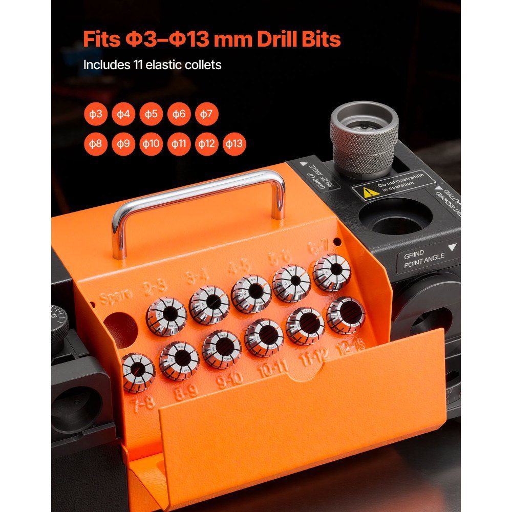 Bohrerschleifmaschine MR-13D, 3-13 mm, mit einstellbarem Schneidenfreiwinkel, vorderer Schneide und 95°-135° Spitzenwinkel, 4600 U/min, inkl. 11 Spannzangen und CBN-Schleifscheibe