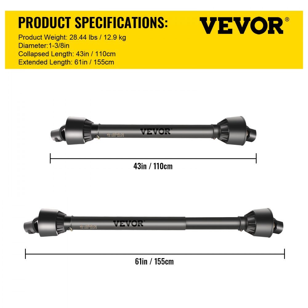 PTO T4 Cardan Shaft Drive Shaft 34.9mm 6 Spline End for Tractor Extendable from 1100 to 1550mm Ideal for Lawnmowers, Brush Cutters, Tillers, Fertilizer Spreaders