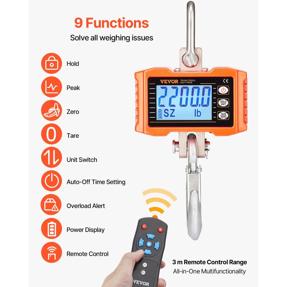Industrielle Hängewaage, 1000 kg, robuste digitale Kranwaage mit Fernbedienung, Lastwaage, Gehäuse aus Aluminiumguss, hochpräzises LCD-Display für Bau, Fabrik, Bauernhof, Jagd, Orange