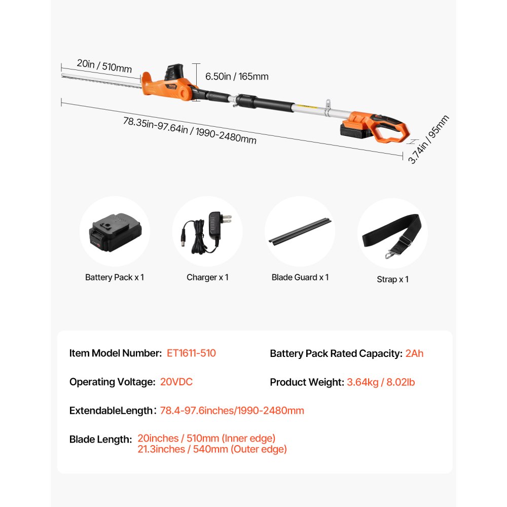 Heckenschere Akku, 1200 U/min, 199-248 cm ausziehbar, Heckenschere für hohe Äste, 20 V Akku, kabellose elektrische Heckenschere mit 51 cm Klinge, 5 Winkel verstellbar für Hof und Garten