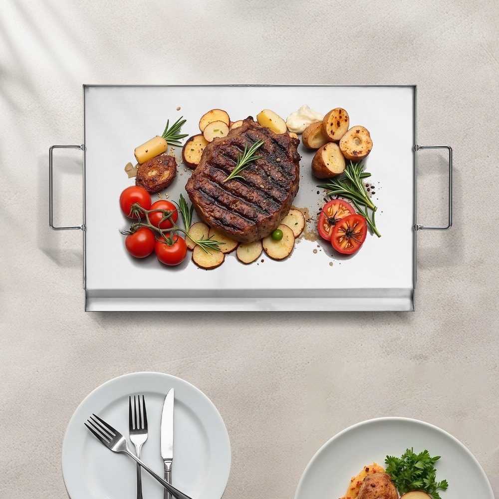Plaque de gril Poêle à griller Plaque rectangulaire universelle en acier inoxydable (585 x 365 mm) avec dessus plat, plaque de cuisson à gaz pour barbecue Teppanyaki, batterie de cuisine familiale portable avec poignée