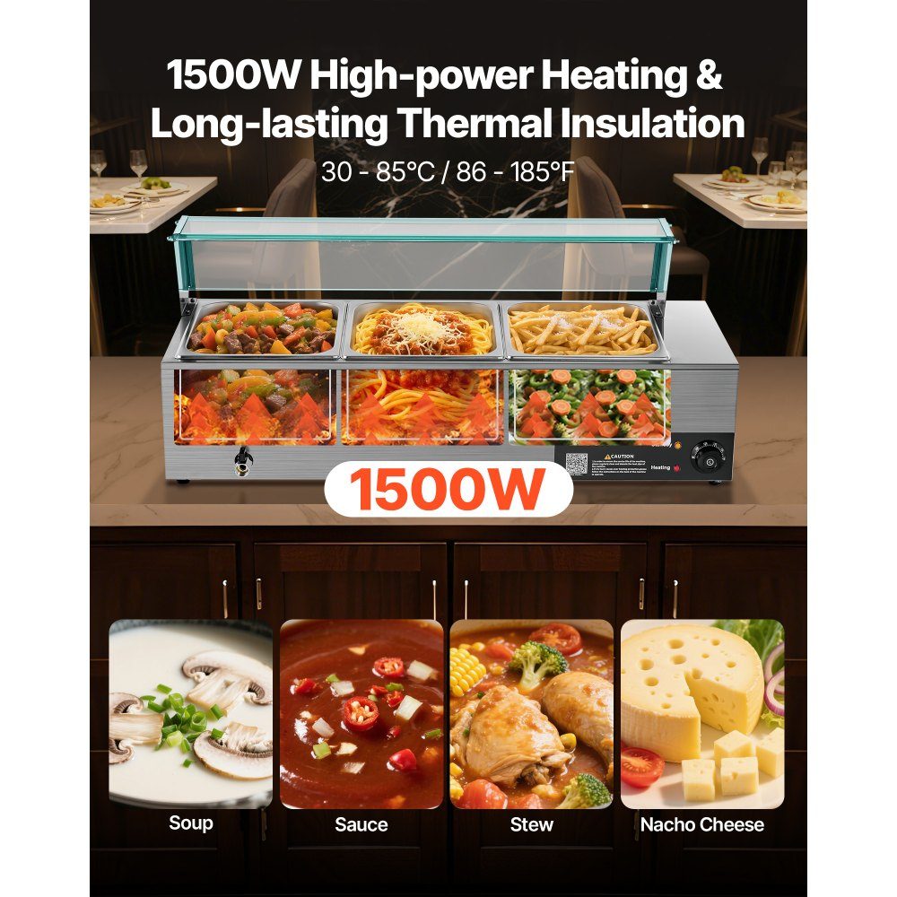 Commercial Food Warmer (3 Size 1/2 Containers), 1.5KW Stainless Steel Electric Warming Container with Glass Cover and Soup Ladle, Chafing Dishes for Catering Restaurant Parties