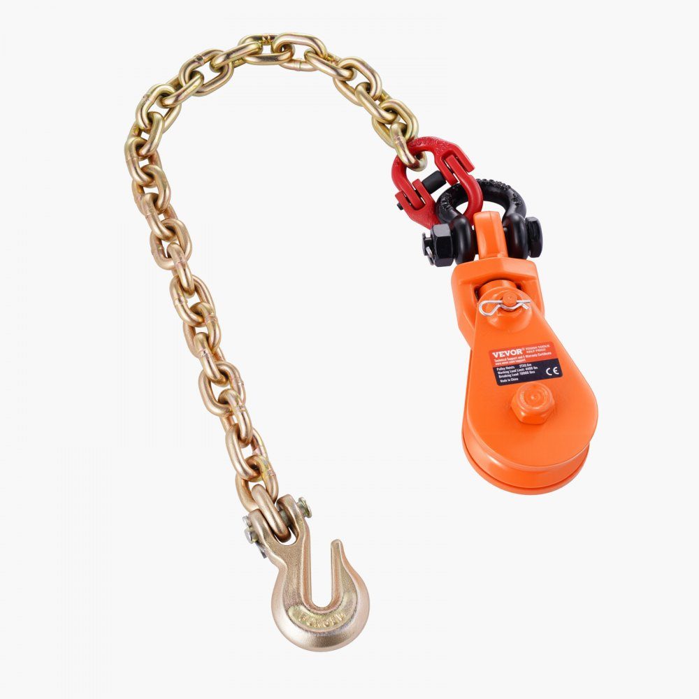 2 ton pulley with G80 chain, swivel shackle, 74mm pulley for 3/8" wire rope, forestry winch for towing and recovery applications on flatbed trailers and rollback tow trucks