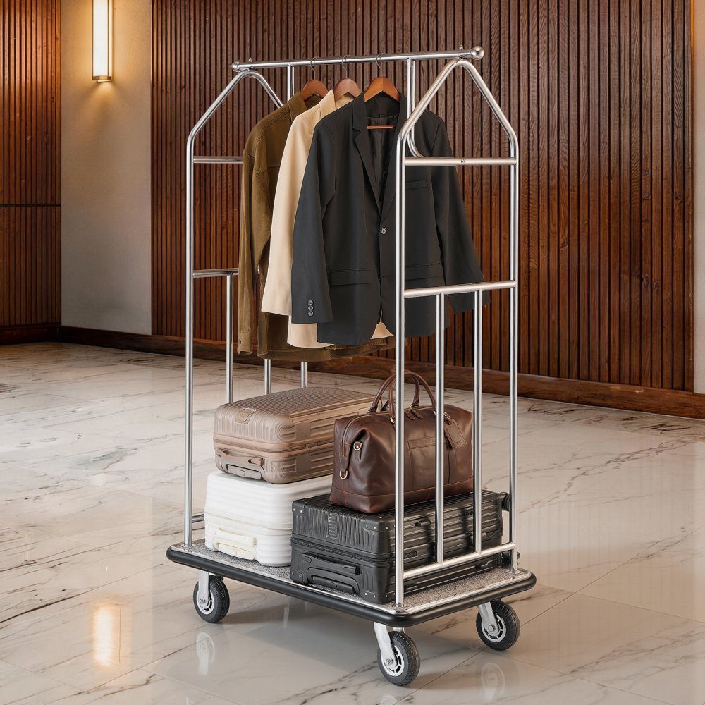 Hotel-Gepäckwagen, 800 Pfund Kapazität, Edelstahl-Gepäckwagen, Gepäckwagen, Seitenwagen mit grauem Teppichboden und 15,2 cm großen Gummirädern, ideal für Hotels, Eigentumswohnungen, Resorts, Silber