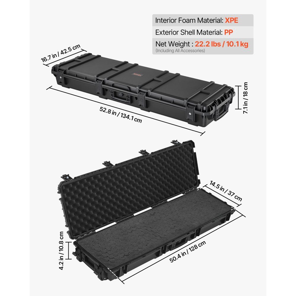 Waffenkoffer mit Hartschale für Langwaffen, abschließbarer Waffenkoffer mit herausnehmbarem XPE-Schaum, Langwaffenkoffer, Waffenaufbewahrung, rollbar, IP67 wasserdicht, 134,1 x 42,5 x 18 cm schwarz