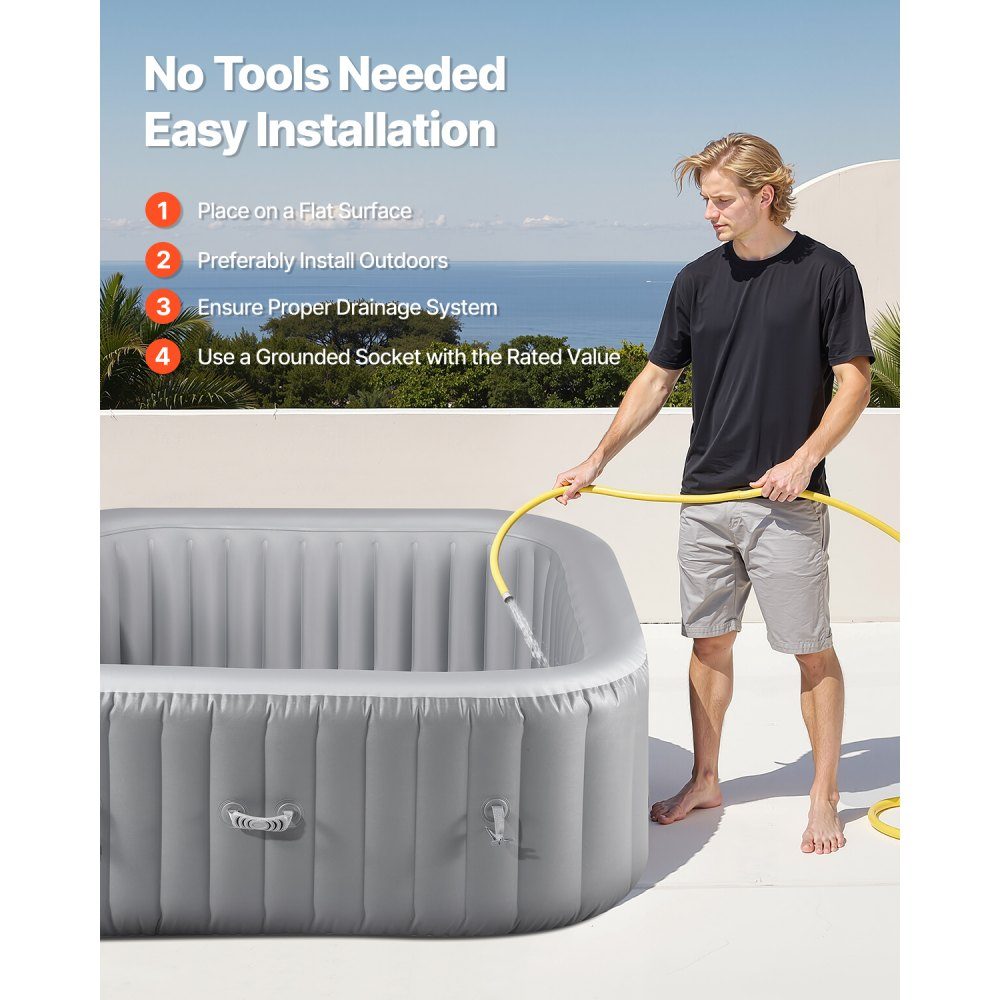 Aufblasbare Badewanne für 4 bis 6 Personen (185 x 66 cm), quadratisch und tragbar, mit 130 wohltuenden Düsen, Filter, Abdeckung, Matte und multifunktionalem Bedienfeld, PVC-Außen-Whirlpool