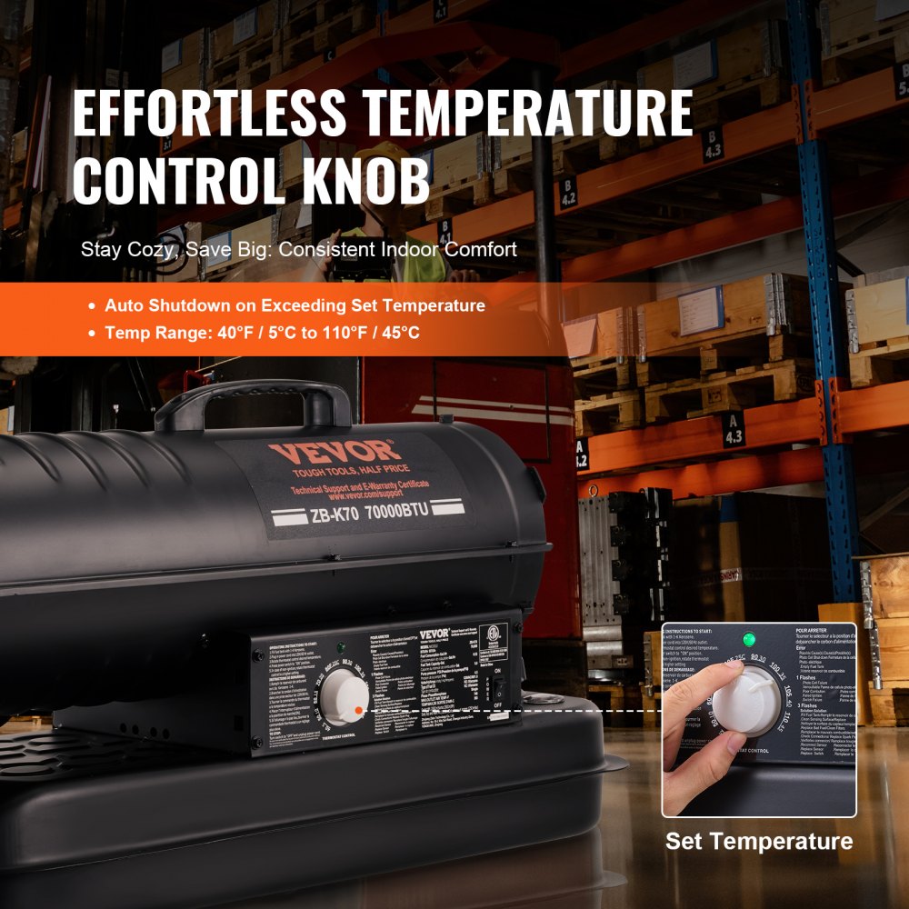 Kerosine/Diesel Heteluchtverwarmer, 70000 BTU Torpedo Ruimteverwarmer, Draagbaar met Thermostaatregeling, 19L Tank, Efficiënte Binnen Buiten Kerosine Verwarming voor Thuis, Bouwplaats, Industrieel, Werkplaatsen, Zwart