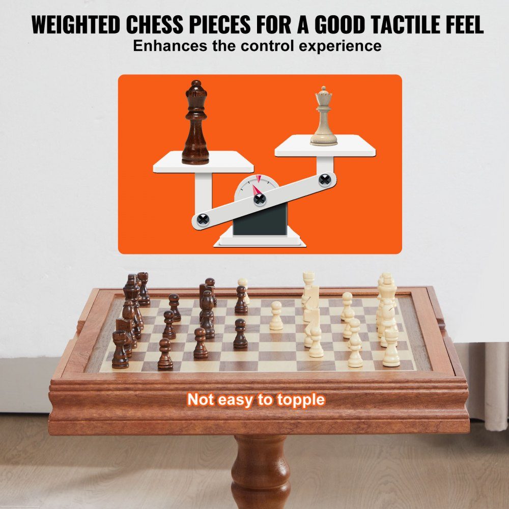 Jeu d'échecs en bois, 650 x 650 x 675 mm, jeu d'échecs de bureau avec pièces d'échecs, jeu d'échecs pour les activités familiales, les voyages, les enfants, l'échiquier