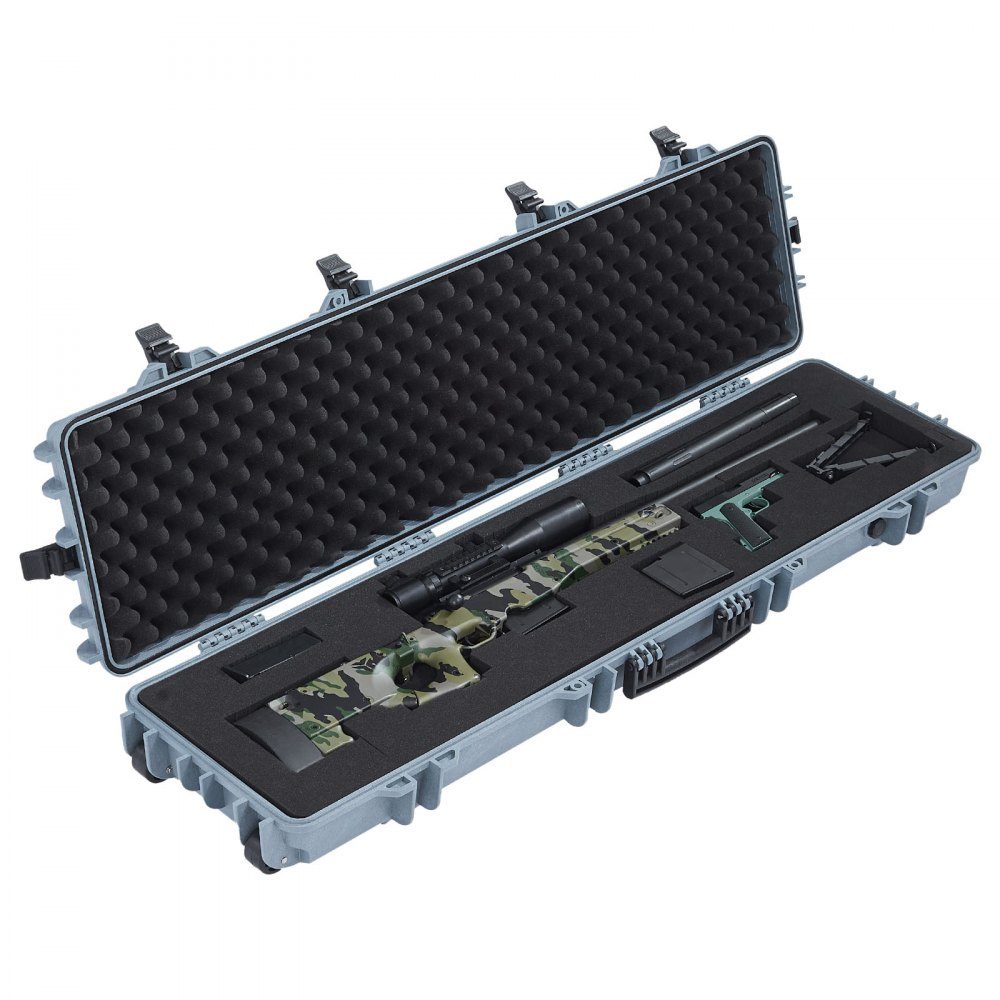 Waffenkoffer mit Hartschale für Langwaffen, abschließbarer Waffenkoffer mit vorgeschnittenem Schaumstoff, Langwaffenkoffer, Waffenaufbewahrung, rollbar, IP67 wasserdicht, 138 x 38,5 x 16,5 cm grau