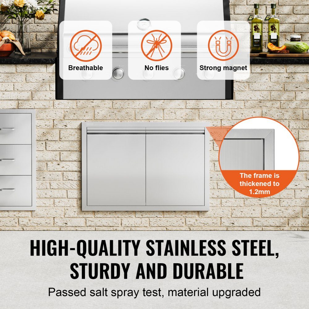 Porte d'accès au gril 762x532x45mm Double porte de cuisine extérieure encastrée en acier inoxydable, porte murale verticale avec poignées rétractables pour Grill Island Grill Station armoire extérieure, etc.