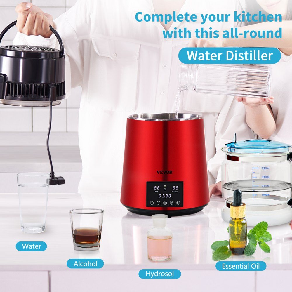 Water distiller 1 l/h. 750W Water Distiller, Distilled Water, Stainless Steel Distilling System, Red Water Distiller, Borosilicate Glass Jug, Household Pure Water Distilling