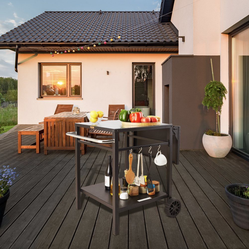 Servierwagen, Küchenwagen, 97,2 x 64 x 75,5 cm, Outdoor-Grill-Esswagen mit doppelter Ablage, beweglicher Grilltisch für die Zubereitung von Speisen, multifunktionale Tischplatte aus schwarzem Eisen