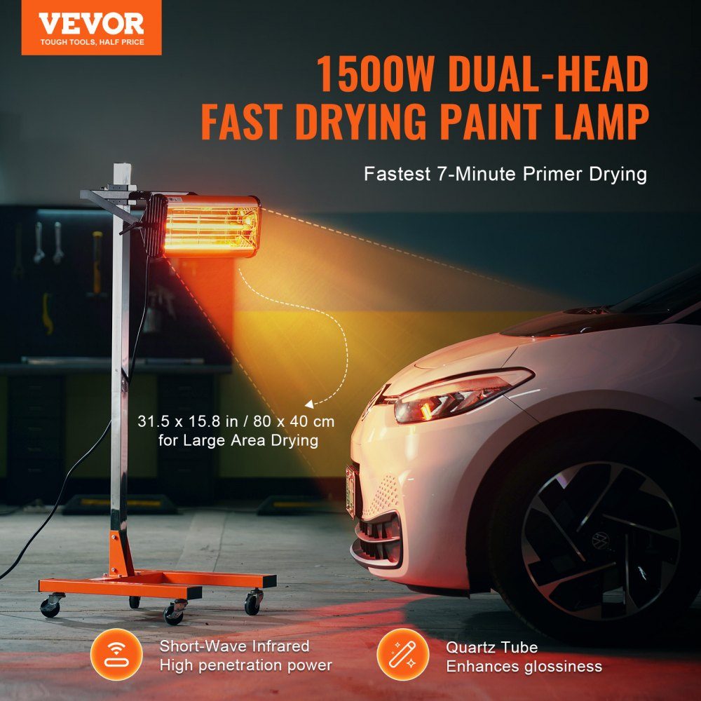 Infrared curing lamp, 1500W, 1-60 min time setting, automatic curing lamp with automatic heater and holder, 31.8 m² baking area, spray booth heaters, paint dryer