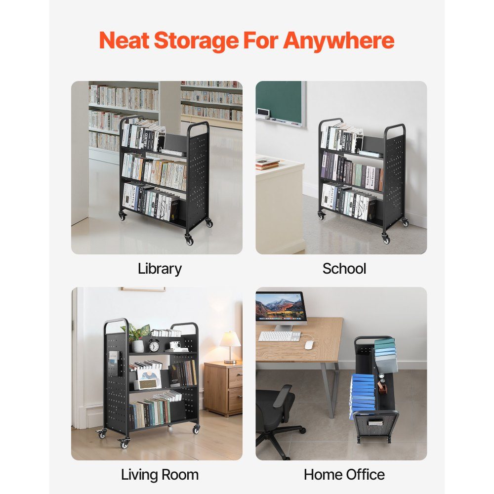 Bücherwagen, 159 kg Tragkraft, Bibliothekswagen, 970 x 515 x 1225 mm, doppelseitiges W-förmiges Bücherregal mit Doppelbremsrädern, Aufbewahrungswagen für Wohnzimmer, Büro, Schule, Schwarz
