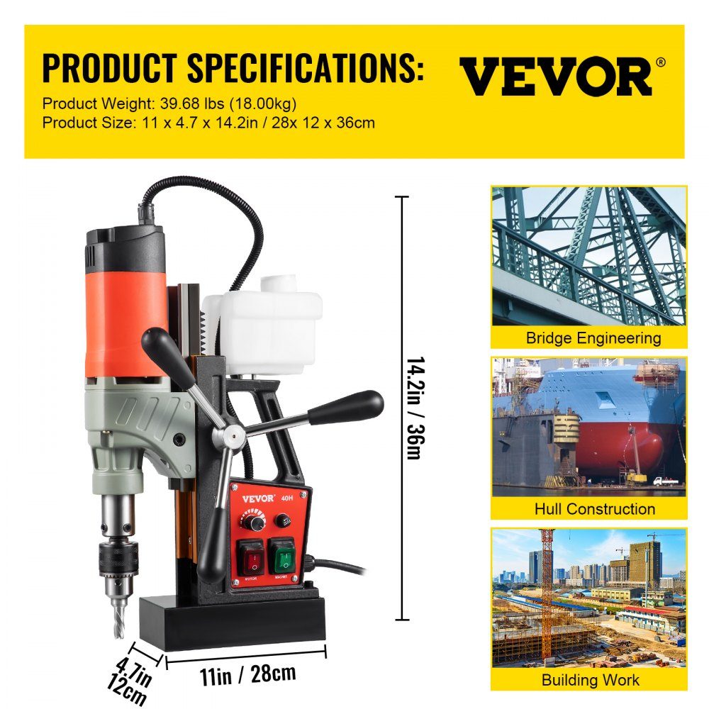 1200 W Magnetbohrmaschine, Magnetbohrmaschine, 13000 N, elektrische Kernbohrmaschine, Industriebohrmaschine, 580 U/min, variable Geschwindigkeit, für alle Oberflächen und Heimwerkerarbeiten