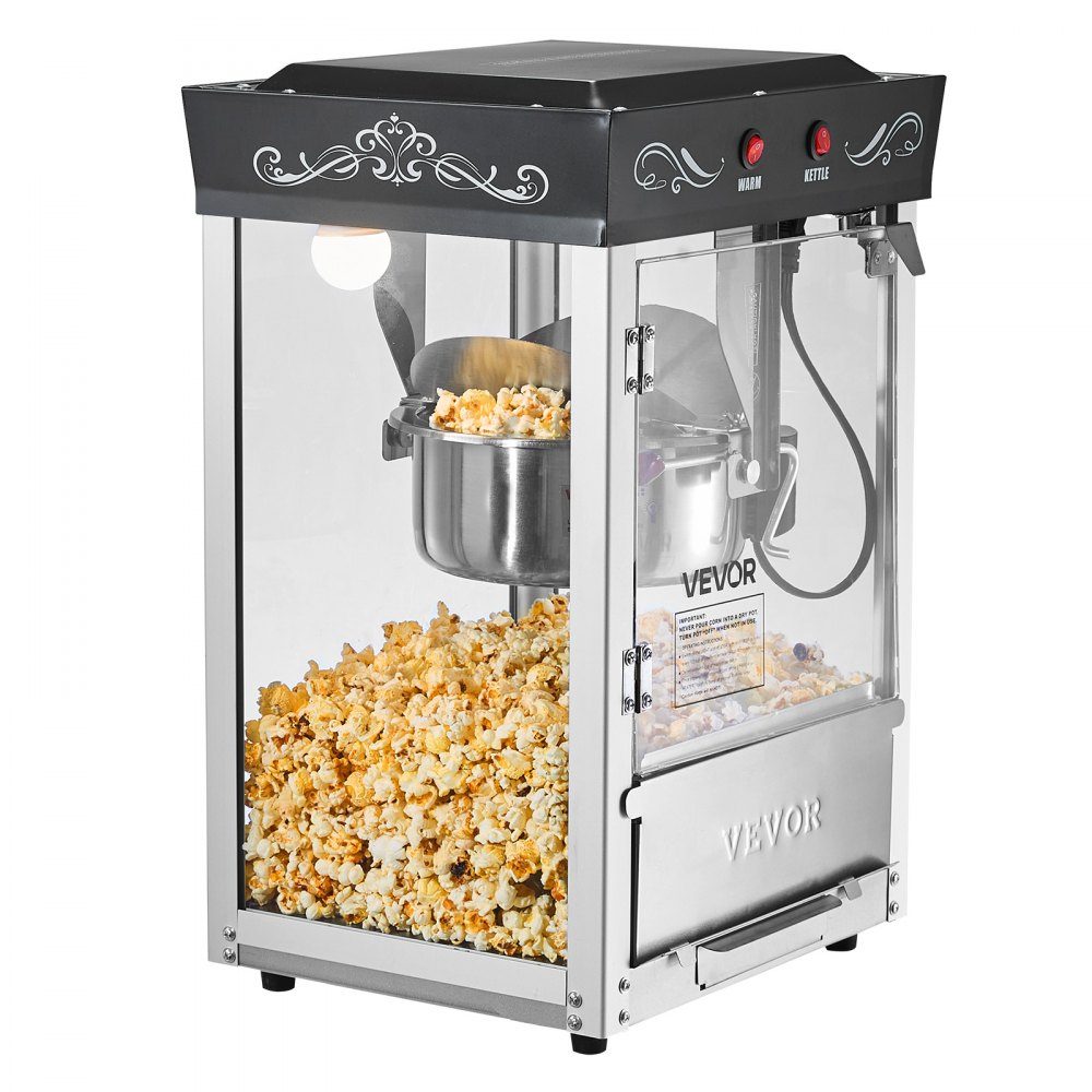 Popcorn Machine with Stainless Steel Boiler, 800W Commercial Popcorn Machine, 48 Cups per Load, Cinema Style, with 2 Button Control, Glass Wall, PC Door, 1 Scoop, 3 Spoons, Black