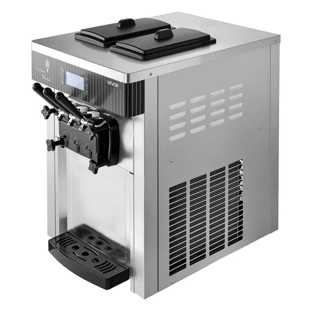 Commercial ice cream machine 20-28 L/h output, soft ice cream machine 2200 W with 2 x containers (6 L), pre-cooling, self-cleaning and LED display, table device for snack bars, dessert shops and cafes, silver
