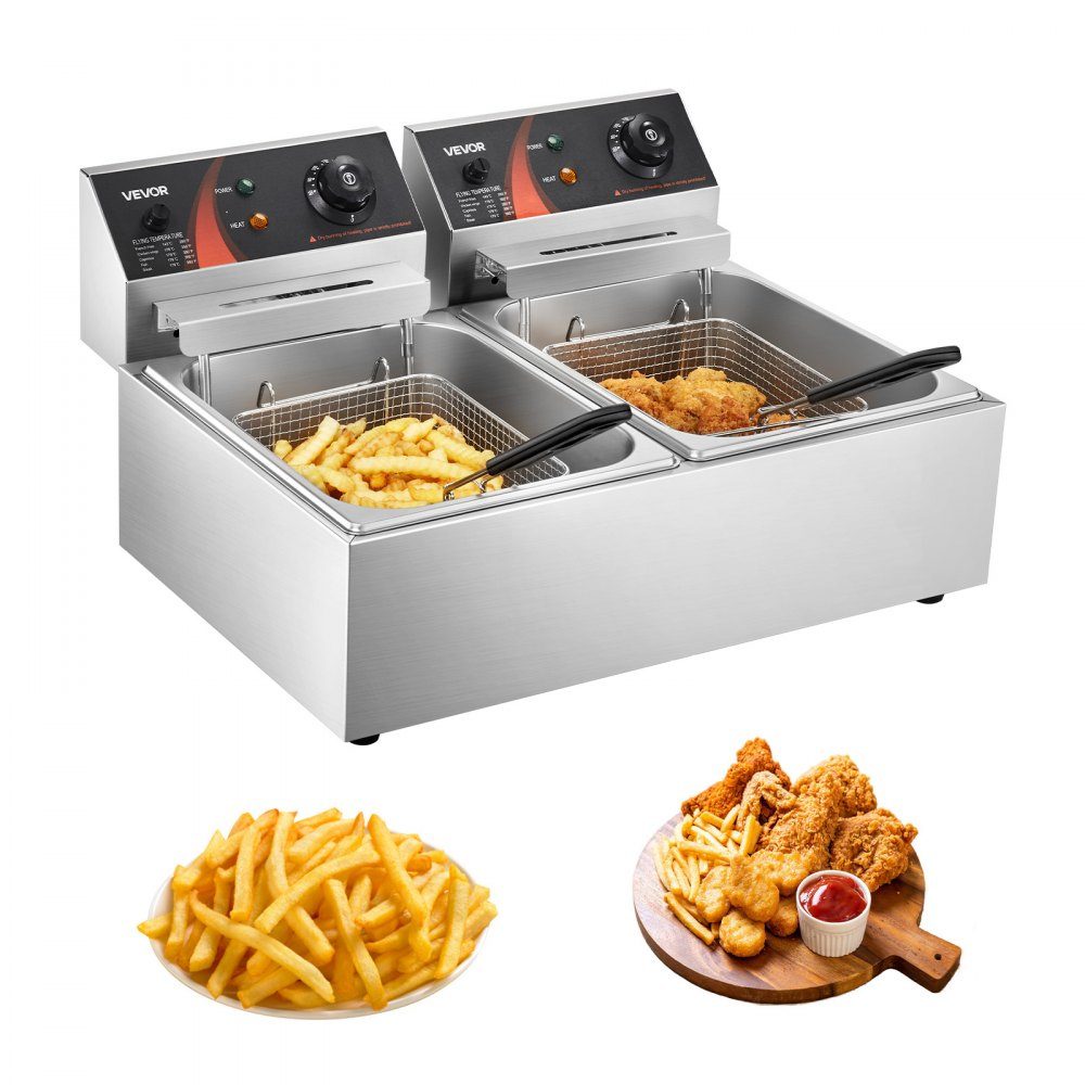 Elektrische Doppelfritteuse Edelstahl 12 L 5000 W, Gewerbefritteuse mit separat steuerbarem Frittierbecken für Restaurants, Cafés, Imbisse