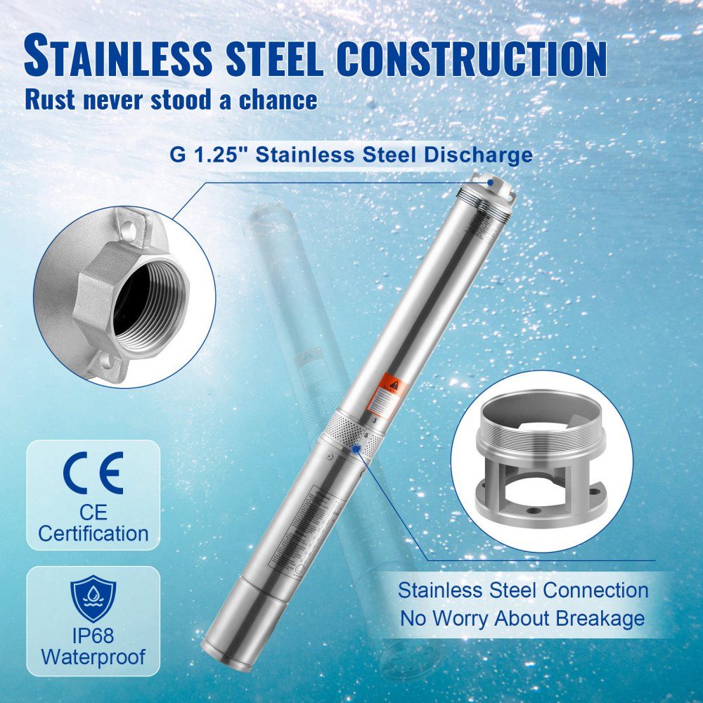 Deep Well Submersible Pump, 750W, 230V, 60Hz, 7.1m³/h Max Flow, 75m Max Head, with 9.1m Power Cable, Stainless Steel Water Pump for Industrial, Irrigation and Home Use, Water Rating IP68