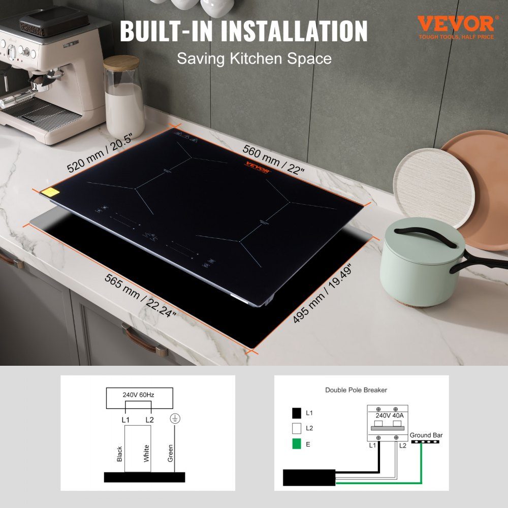 Induction hob induction hob 6800 W, 4 plates induction hob touchscreen 9 heating levels, integrated induction hob, automatic switch-off and child lock